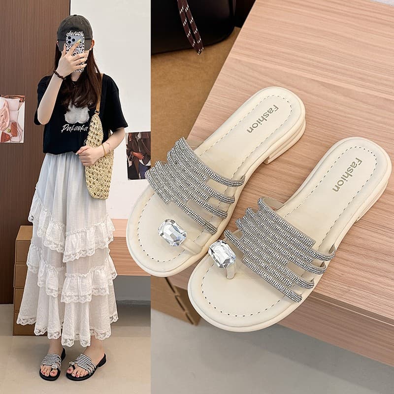 Ethnic Style Women's Slippers 2026 Summer New Cross-Strap Roman Sandals with Rhinestones Flat Non-Slip One-Band Slippers