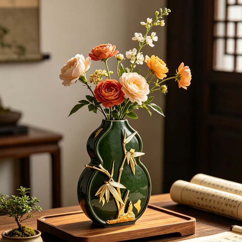 New Chinese Style Creative Ceramic Gourd Art Vase for Living Room Desktop Entryway Niche High-End Flower Arrangement Vessel