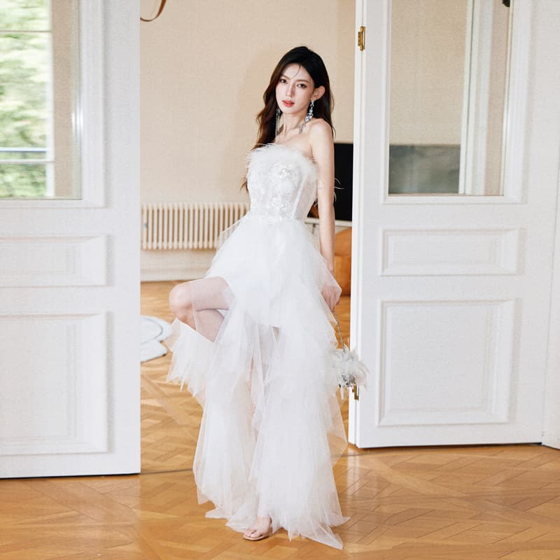Banquet evening dress new heavy industry embroidered feather tube top dress short in front and long in back birthday small dress for adult ceremony