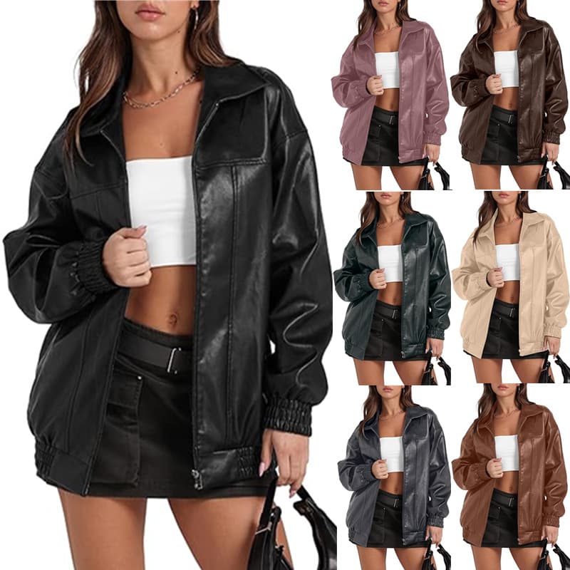 2025 Amazon Best-Selling PU Leather Jacket Long Sleeve Notch Lapel Zipper Side Pocket Casual Coat for Women