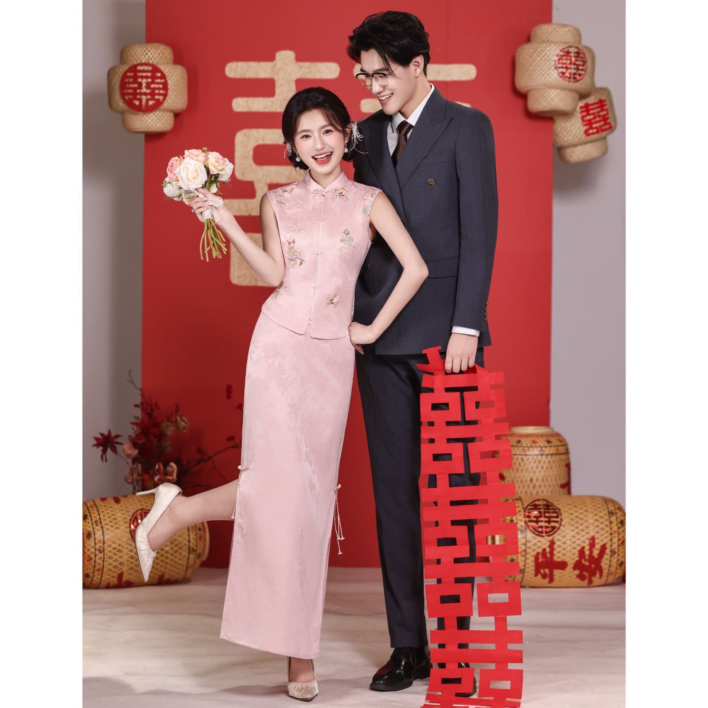 Pink New Chinese-Style Engagement Dress for Women, Summer Sleeveless Wedding Toast Dress, Exquisite Bridal Xiuhe Suit Set