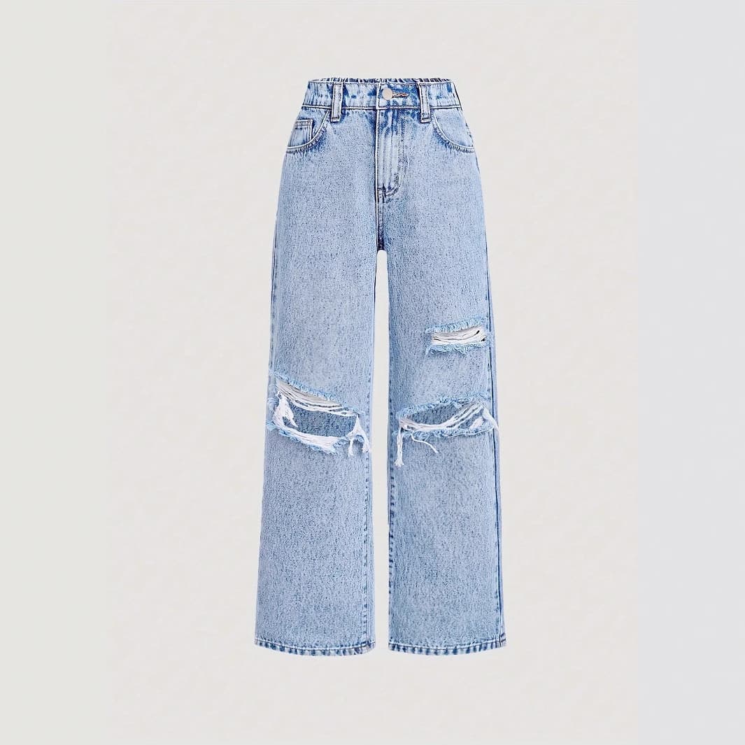 Cross-border Exclusive for Amazon/Wish/Independent Sites, Teen Girls' 2025 New Loose Distressed Design Wide-Leg Pants