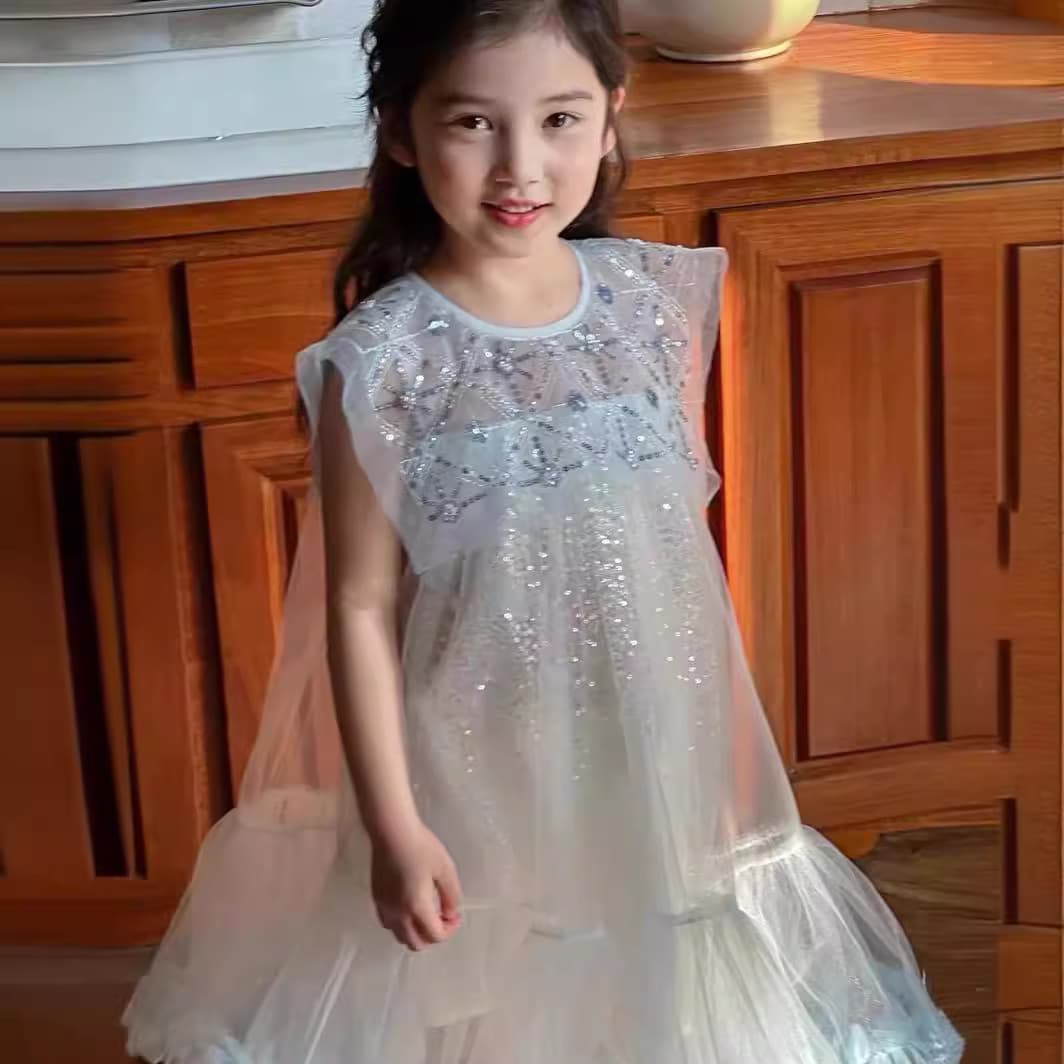 Spot Girls Pearl Collar Mesh Puff Princess Dress Performance Birthday Wedding Dress Cotton Fabric Catwalk