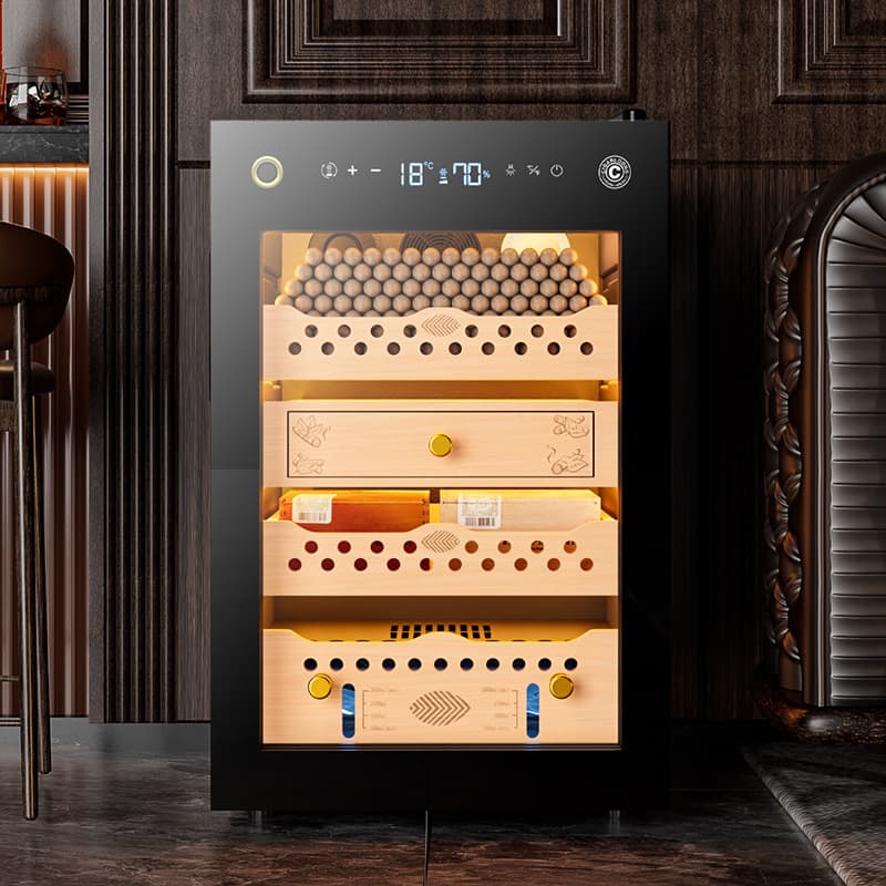 Cigarette cabinet with fingerprint lock, constant temperature and humidity, cedar wood shelves, water ion ammonia removal, alcohol preservation, and WIFI.