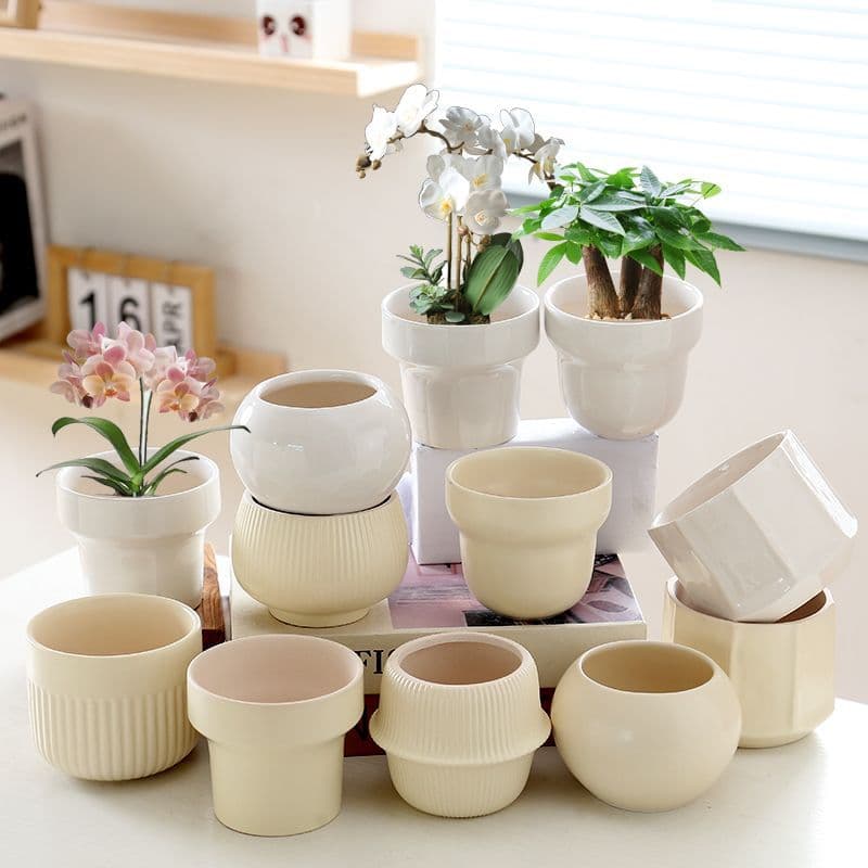 Wholesale Morandi Trendy Flower Pot Ceramic with Tray, Light Luxury Phalaenopsis Succulent Pot, Drop Shipping