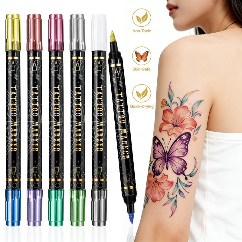 Dual-Head Dual-Color Body Painting Tattoo Pen Soft Tip Metallic Skin Pen Marker Pen Removable Temporary Tattoo Pen