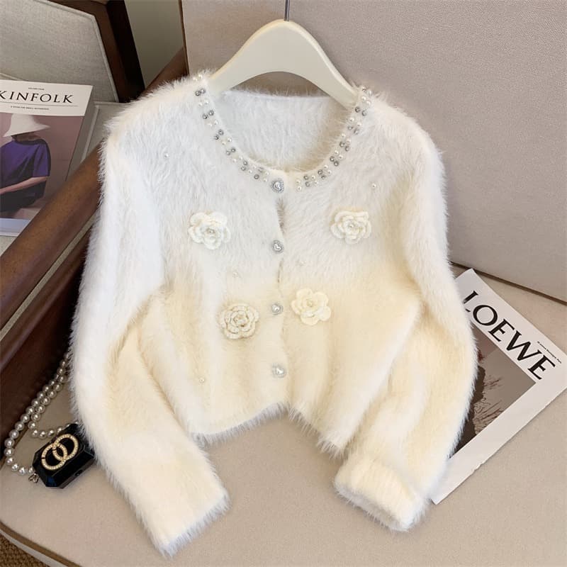 Thickened Knitted Open Cardigan Women's Winter Soft Elegant Beaded Sweater High-End Warmth Outerwear Top Floral 3D Embroidery