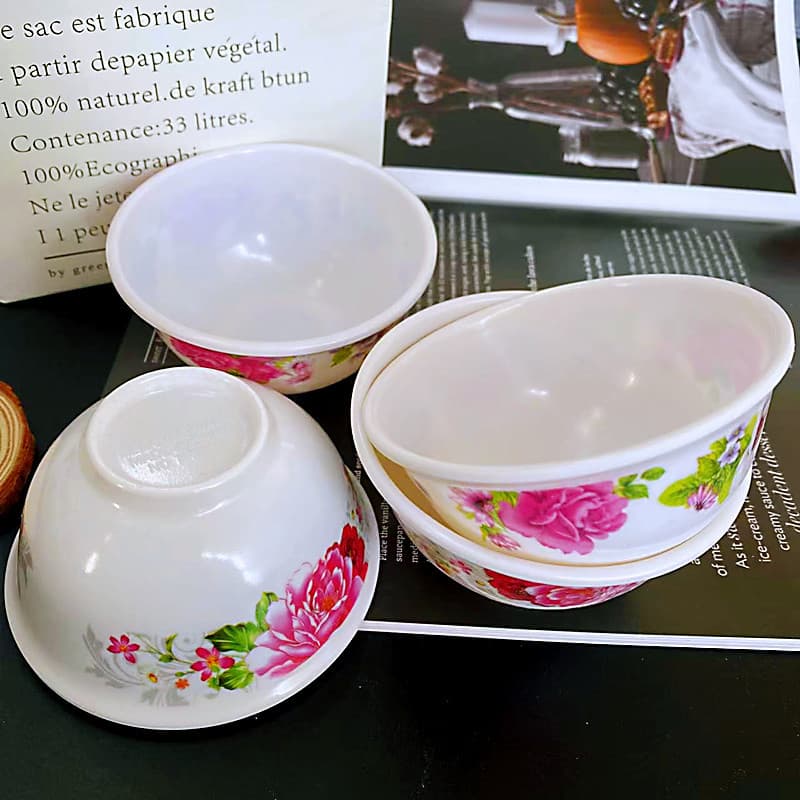 Floral small bowl, melamine plastic imitation ceramic, condiment bowl, hot pot dipping sauce, $1 store wholesale source.