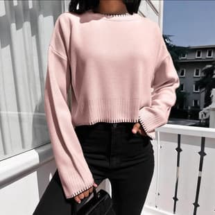 2026 Cross-Border Amazon Independent Station Contrast Color Knit Sweater Women British Loose Pullover Short New High-Waist Sweater