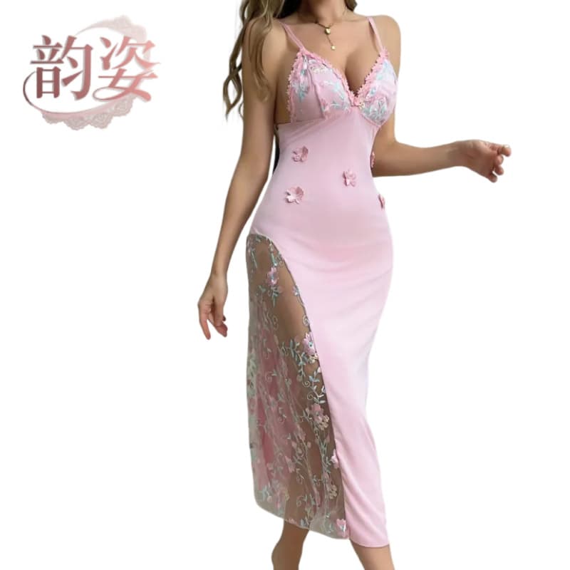Cross-border Erotic Embroidery Sheer Mesh Sleepwear Lingerie for Women Summer Sexy Autumn Winter Long Nightgown Sleep Dress Source Factory Wholesale