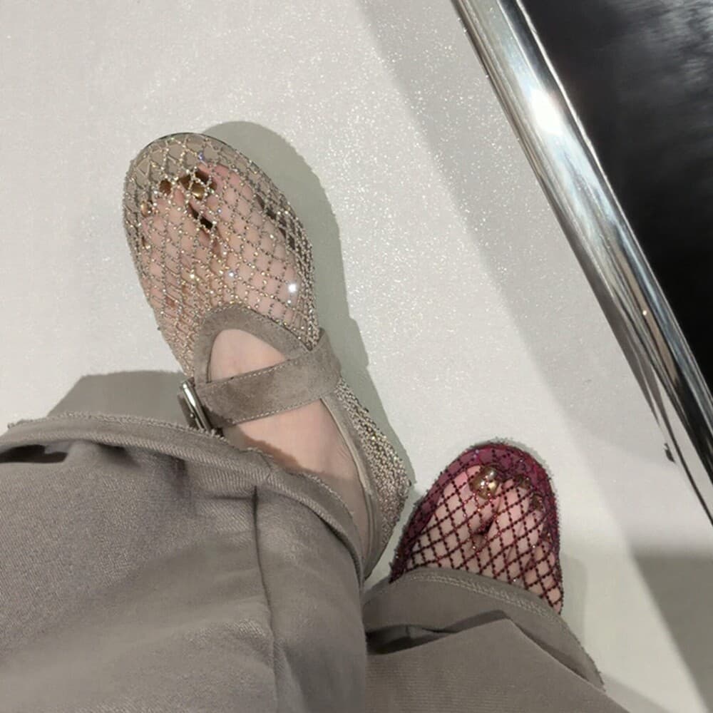 2026 New Mesh Hollow Flat Sandals Women Vintage Mary Jane Shoes Breathable Comfortable Soft Sole Ballet Style Flats