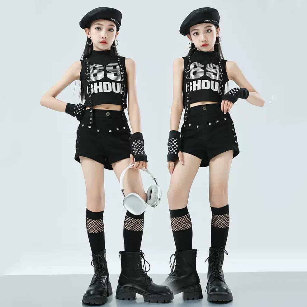 Children's street dance outfit, kids' crop top jazz dance costume, trendy streetwear, fashion show attire, girls' dance performance costume