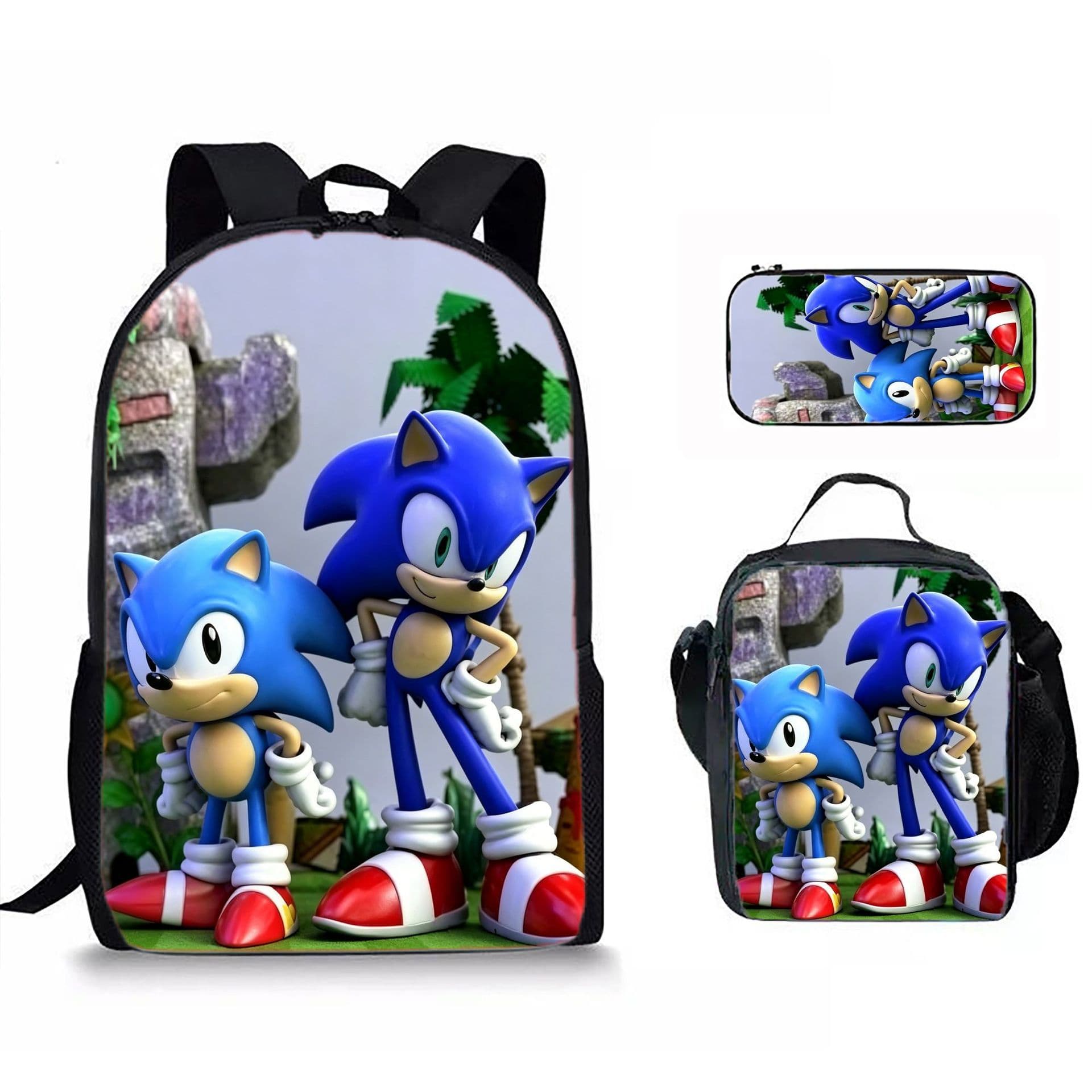 Cross-border Sonic Backpack Meal Bag Pen Bag Three-piece Set Lightweight Large Capacity Student School Bag Leisure Travel Backpack