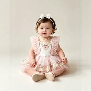 Summer Mesh Lace Embroidered Pearl Flutter Sleeve Romper for Baby Girls, Princess Tutu Dress for 100 Days and First Birthday Celebrations