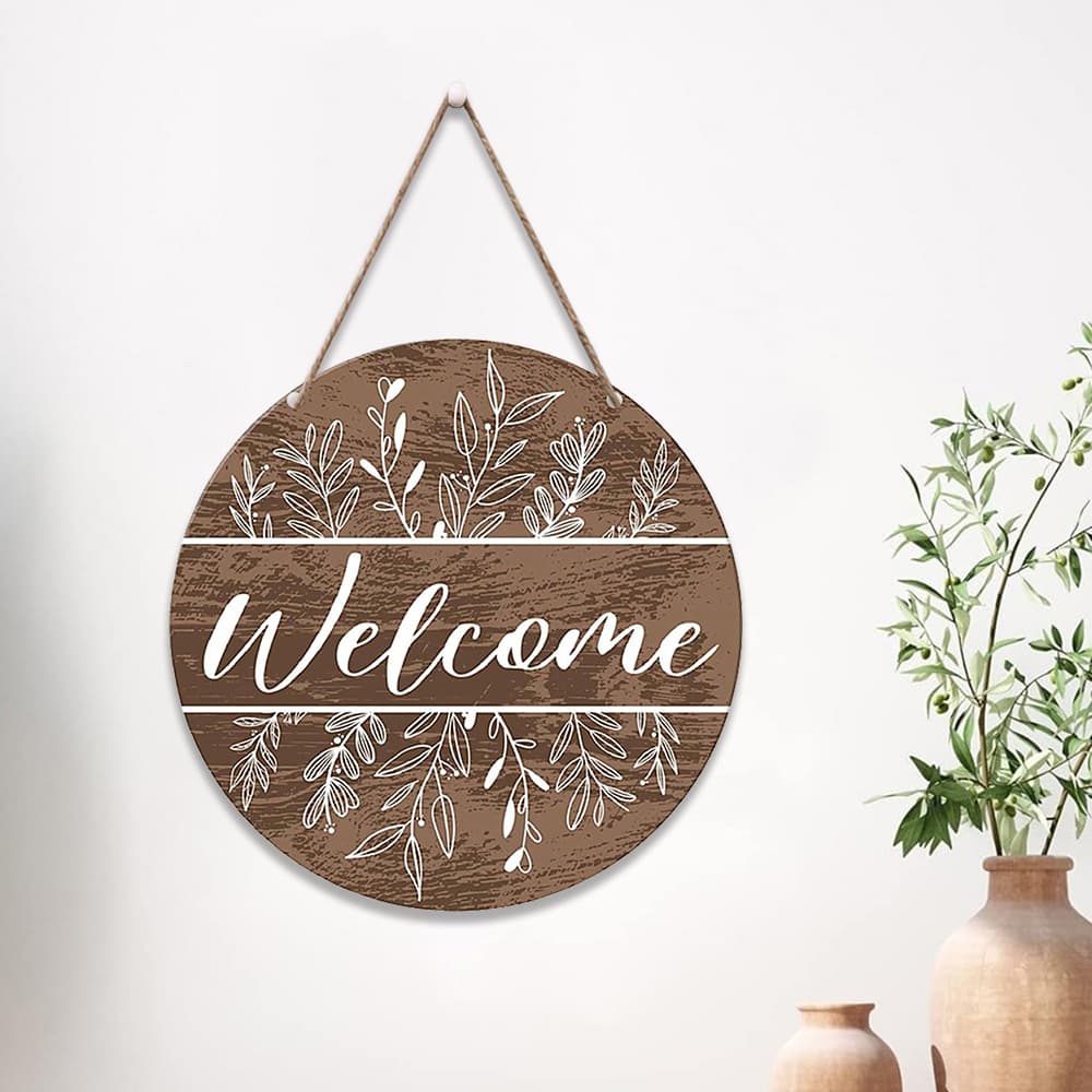 Hanging Welcome Sign Decorative Wooden Round Sign Front Door Decor Farmhouse Wall Decor Door Hanger