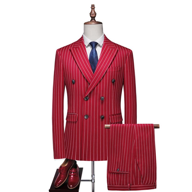 Men's Business Casual Formal Double-Breasted Striped Suit Set Groom Wedding Tuxedo Two-Piece