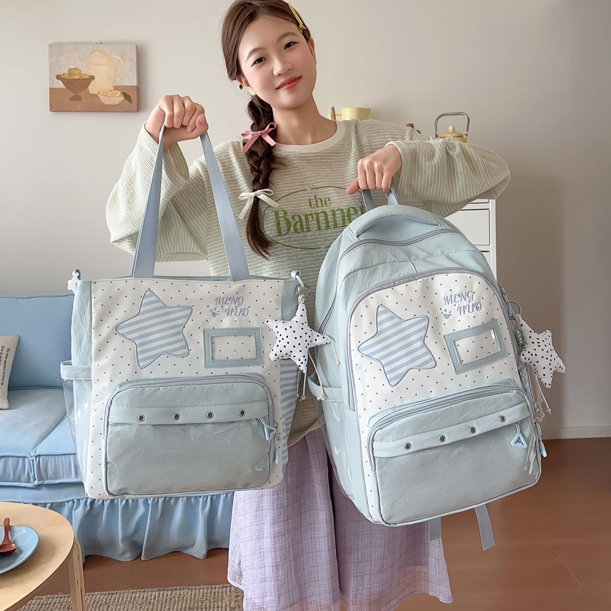 High-looking light blue college style junior high school student schoolbag female new soft girl two-dimensional shoulder pain bag
