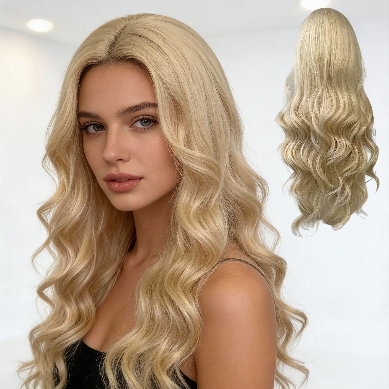 AliExpress Hot Selling Wig for Women Light Blonde Long Hair Daily Middle Part Bangs Big Wave Synthetic Hair Wig In Stock