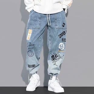 YOA Autumn New Letter Print Jeans Men Street Style Loose Cartoon Graffiti Tapered Pants Ins Drawstring Pants