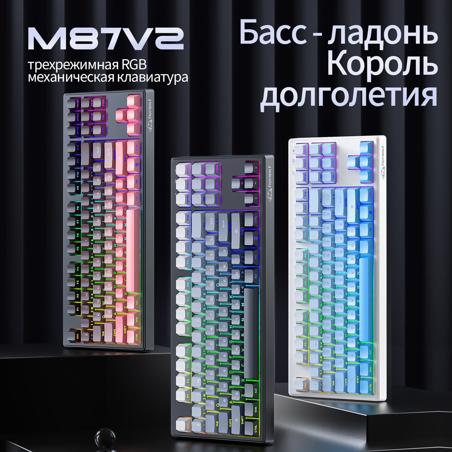 Free Wolf M87V2 Russian Wireless RGB Tri-Mode Mechanical Feel Keyboard PBT Side-Printed Keycaps Bluetooth Keyboard