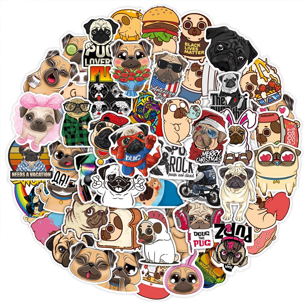 50 New Cartoon Pug Graffiti Stickers Waterproof for Water Bottles, Luggage, Scooters, Helmets