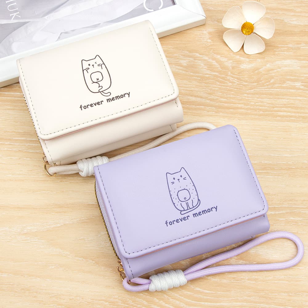 INS style Japanese style cute kitten girl's short wallet large capacity card holder zipper coin purse lanyard clutch