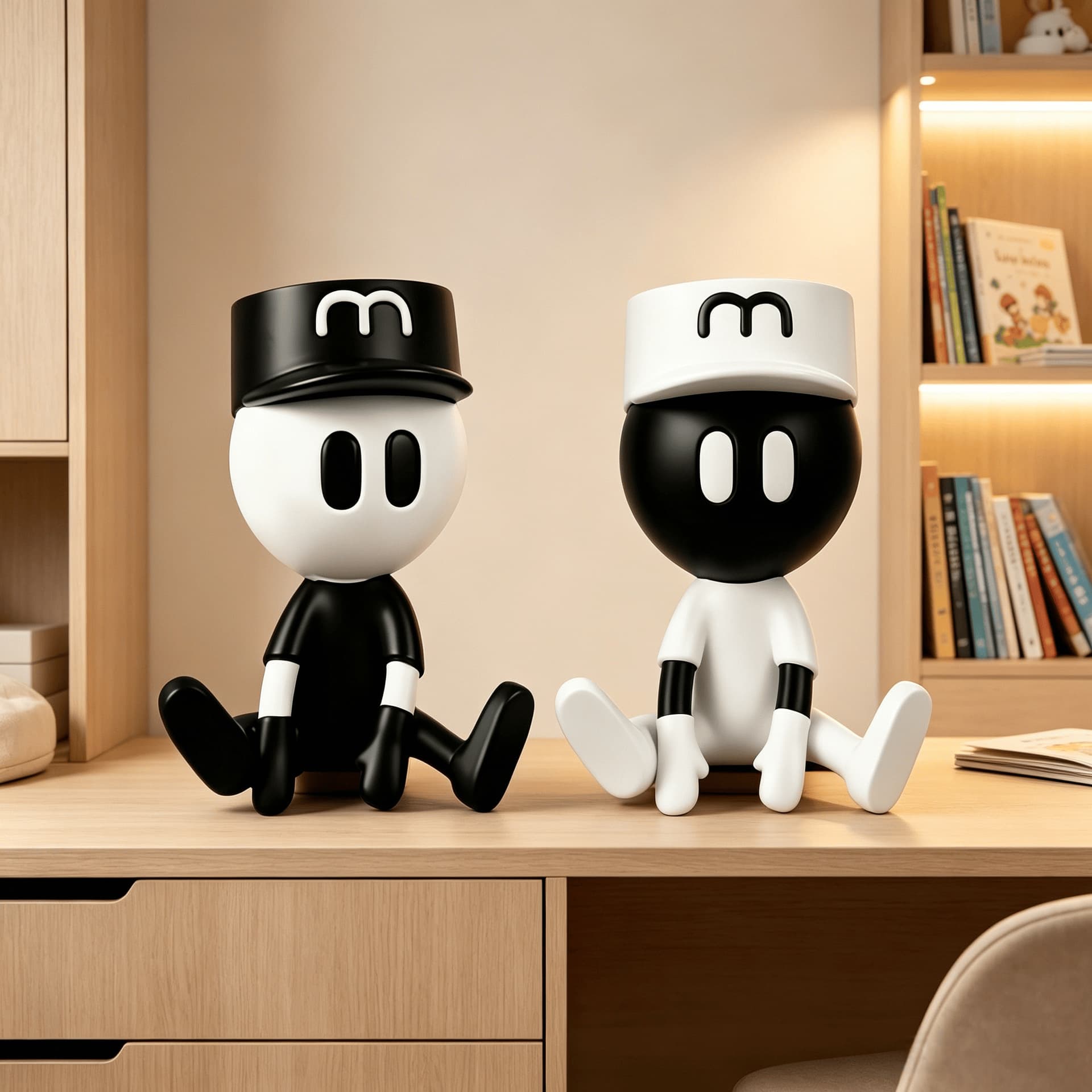 Ins-style black and white M-hat figurine resin ornament, cartoon minimalist seated doll, kids' room bookshelf desk decor