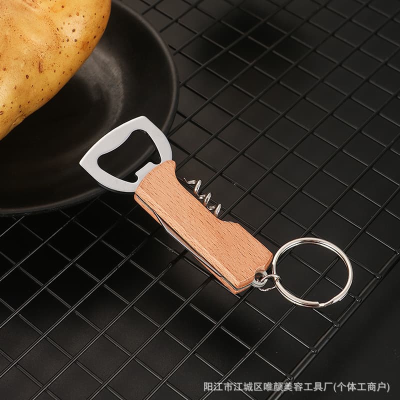 In Stock Multi-functional 3-in-1 Portable Knife Red Wine Beer Bottle Opener Stainless Steel Wood Handle Bottle Opener with Key