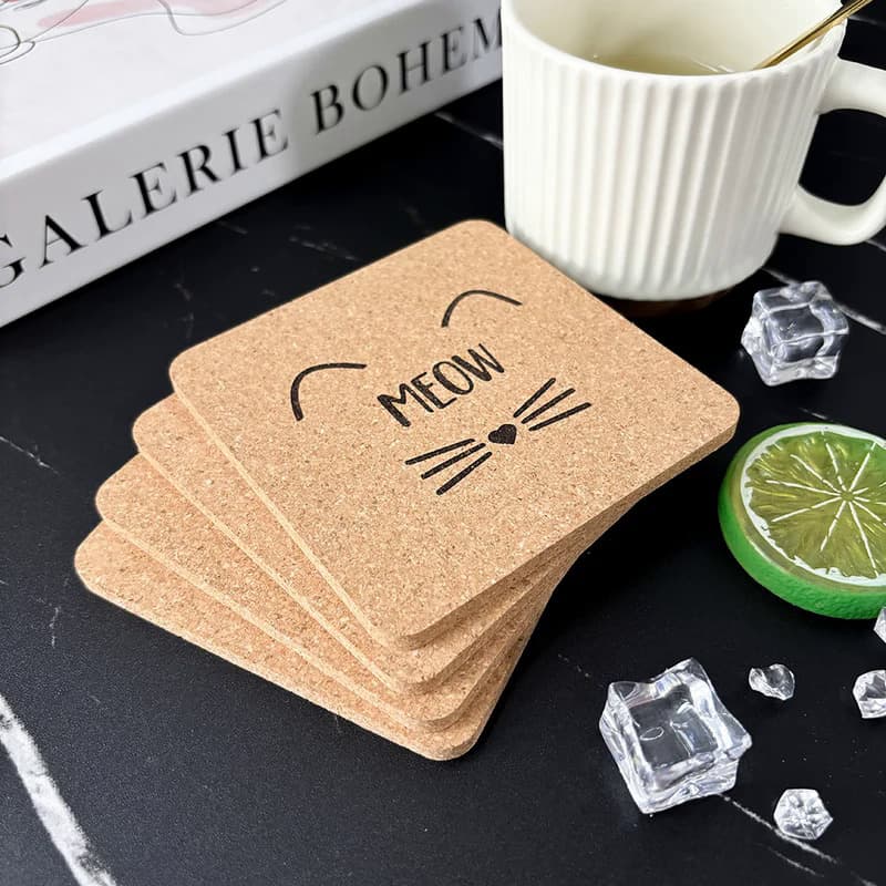 4pcs/Set Square Cork Coaster Engraved Cute Cat Meow Design