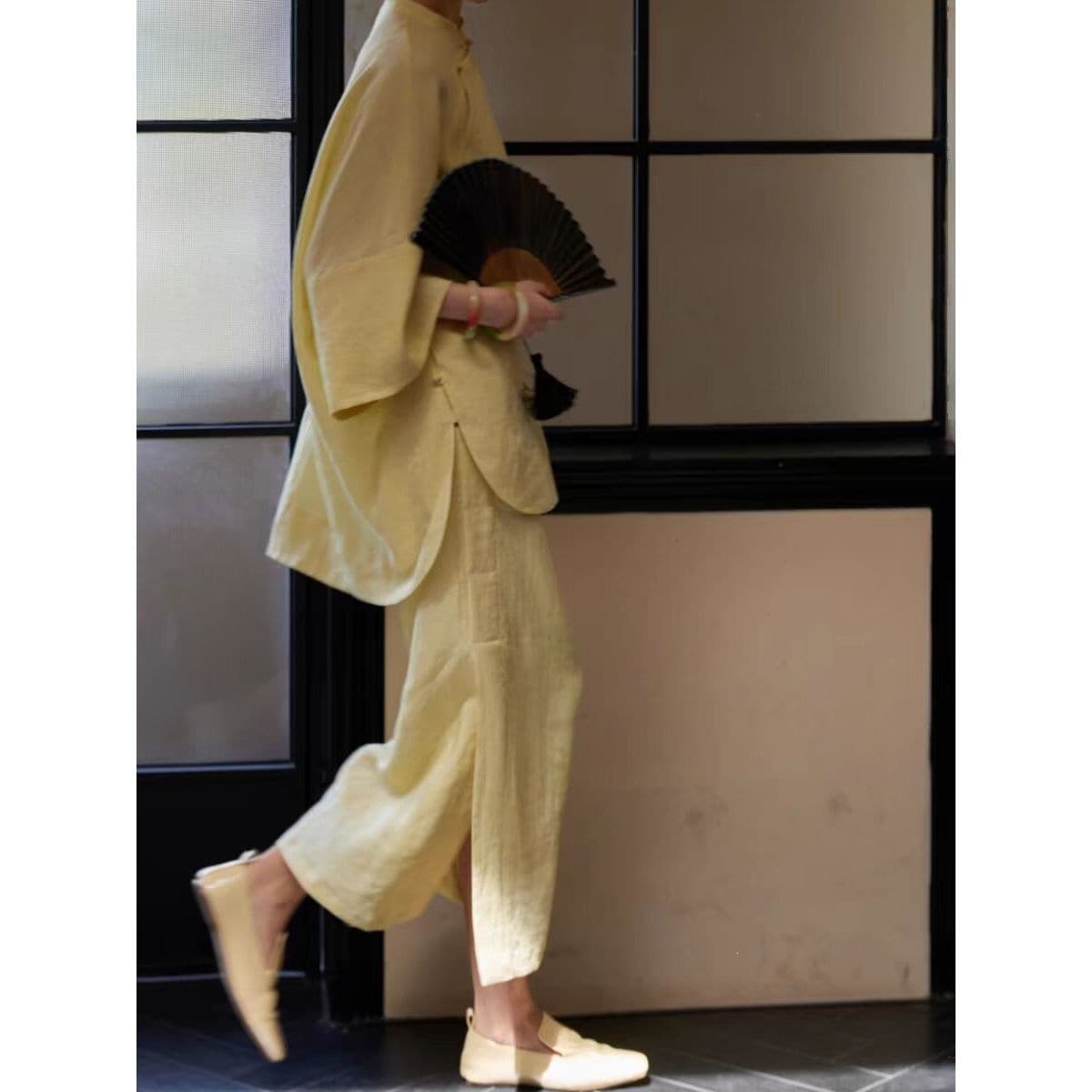 New Chinese Style Cool Zen Summer Set New Year Cotton Linen Asymmetric Top and Skirt Two-Piece New Arrival