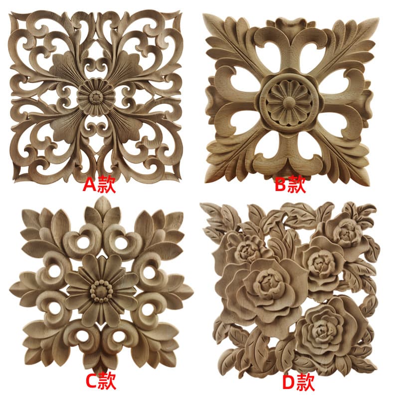 Solid wood square appliqué European-style hollowed-out decorative flower pieces, solid wood carved TV background wall decorations, Dongyang wood carvings