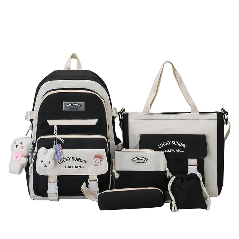 Cross-border Middle School College Student Backpack Women Large Capacity Elementary School Student Backpack New Backpack Five-Piece Set Wholesale