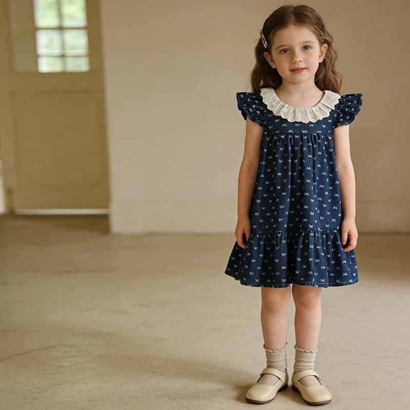 Summer New Girls Dress Korean Style Denim Butterfly Sleeve Bow Print Dress for Toddler and Little Girls