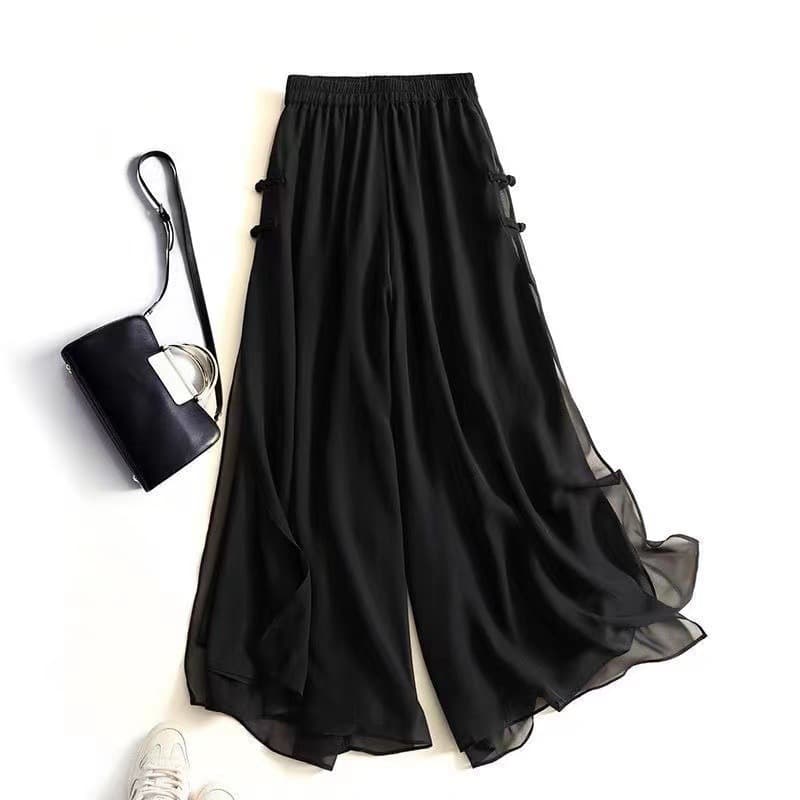 New Chinese style culottes for women summer thin nine-point wide-leg pants plus size fat mm loose and elegant slit drape casual culottes