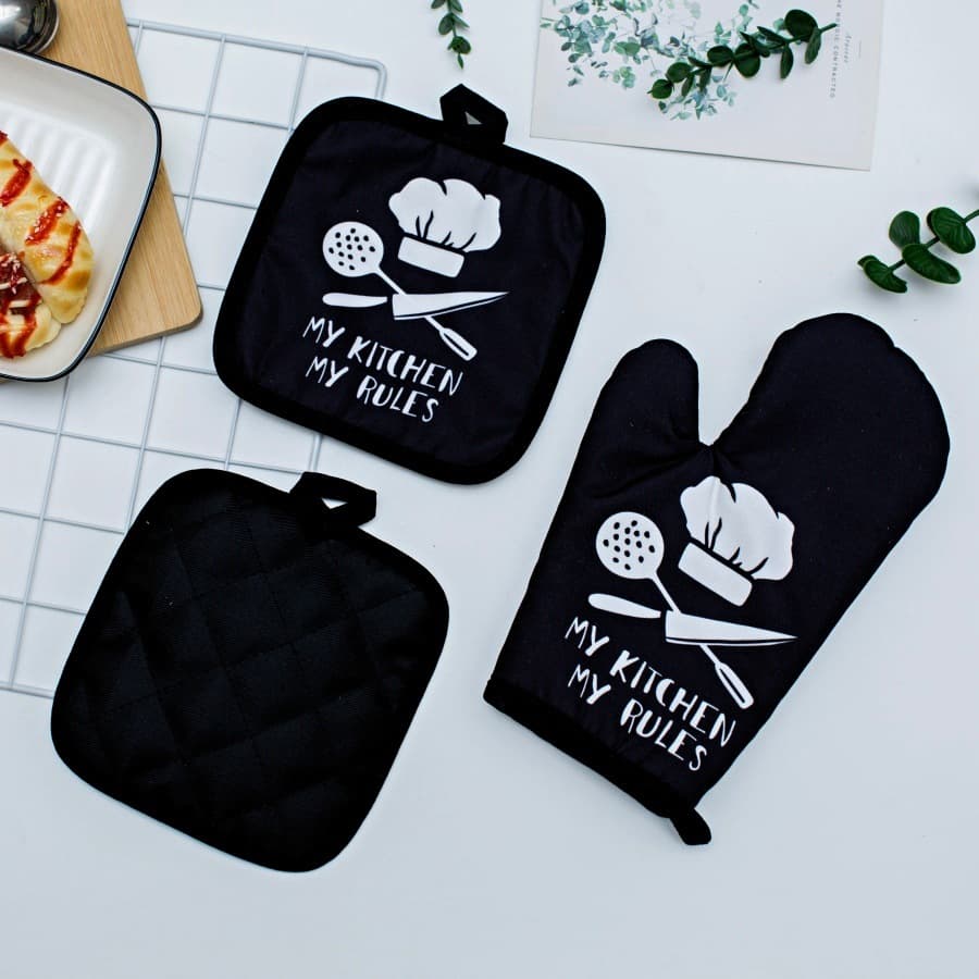 New kitchen polyester printed microwave baking gloves insulation pad set high temperature oven anti-scalding gloves 4