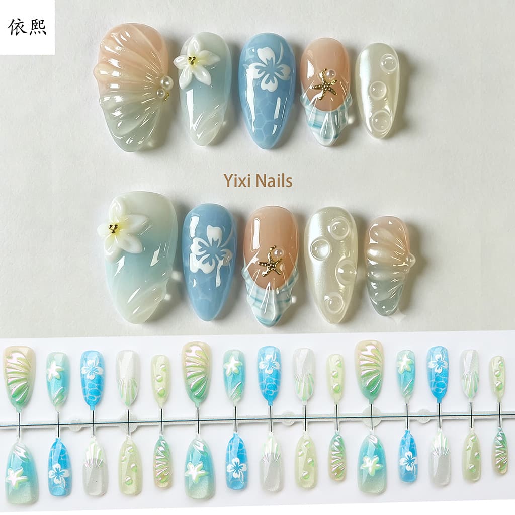 Summer cross-border cat-eye fine glitter 3D nail patch three-dimensional relief gradient wearable nail seaside vacation foreign trade nail patch