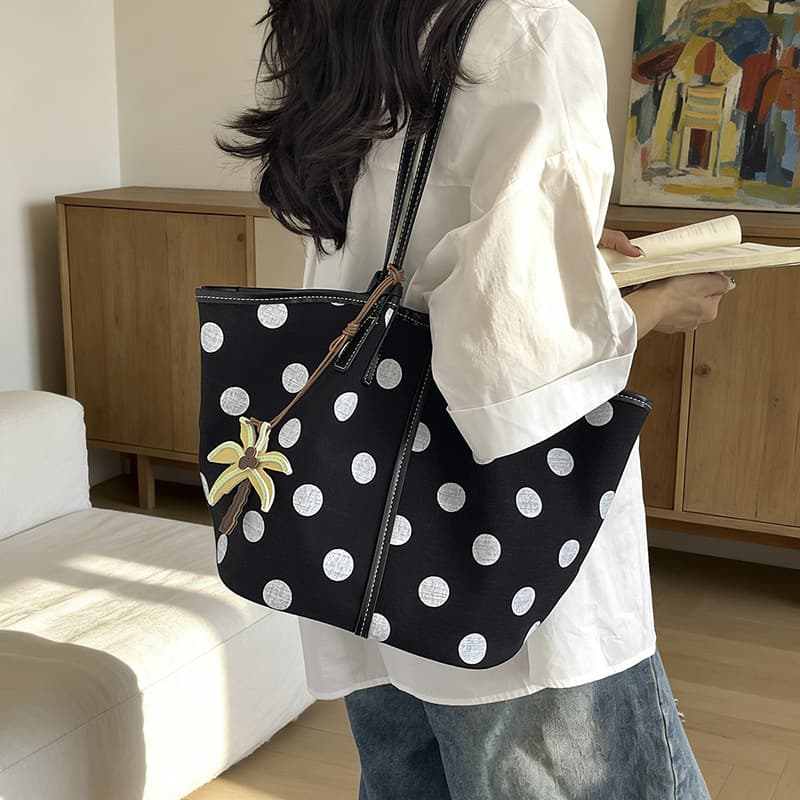 Bohemian Style Trendy Contrast Color Polka Dot Shoulder Bag, High-Fashion High-Capacity Commute Tote Bag for Women