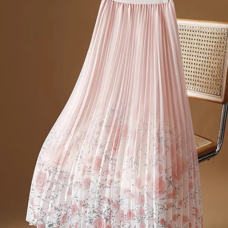 Printed Mesh Tulle Skirt for Women Spring Summer 2026 New Chinese Style Midi Skirt Flowing Pleated A-Line Long Skirt