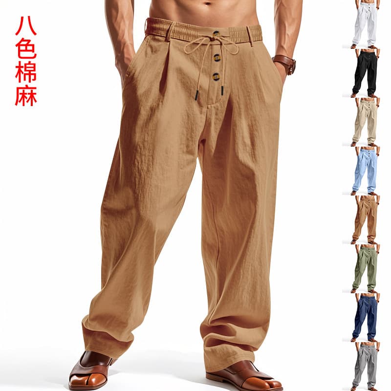 AliExpress European and American Spring Summer Breathable Cotton Linen Mid-Waist Solid Color Button Loose Breathable Casual Versatile Sports Long Pants for Men
