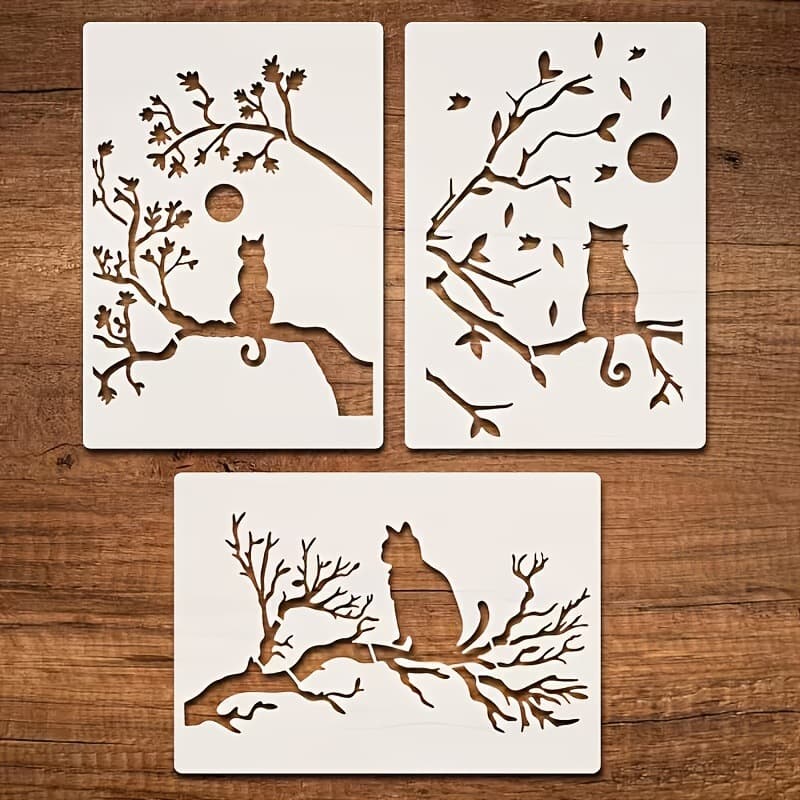 Branch and Cat Stencil, Reusable Cat on Branch Stencil, Nature Scene DIY Spray Painting