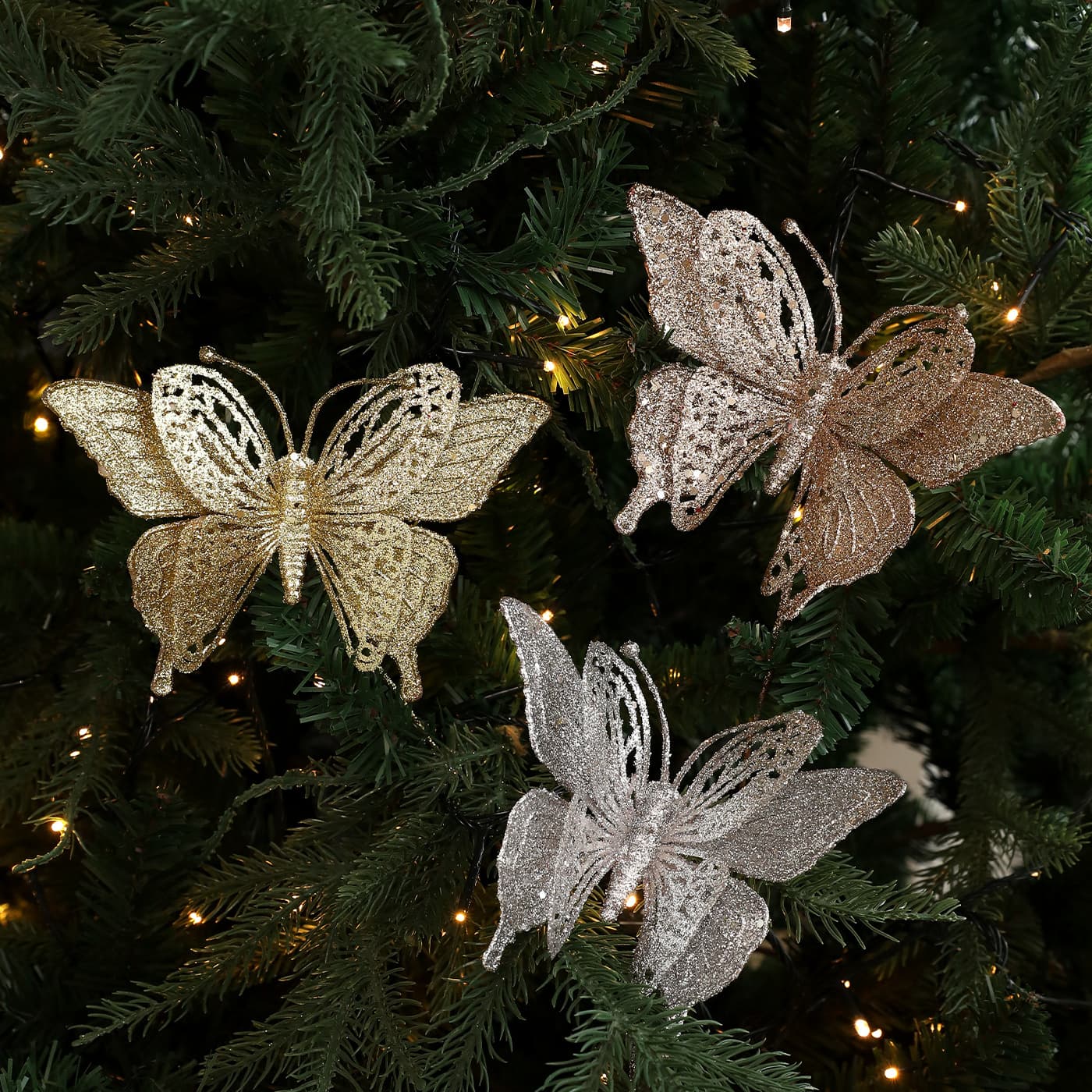 New Butterfly Branch with Glitter and Gold Powder, High-End Christmas Tree Branch for Floral Arrangement, Hanging Decoration and Setup Props