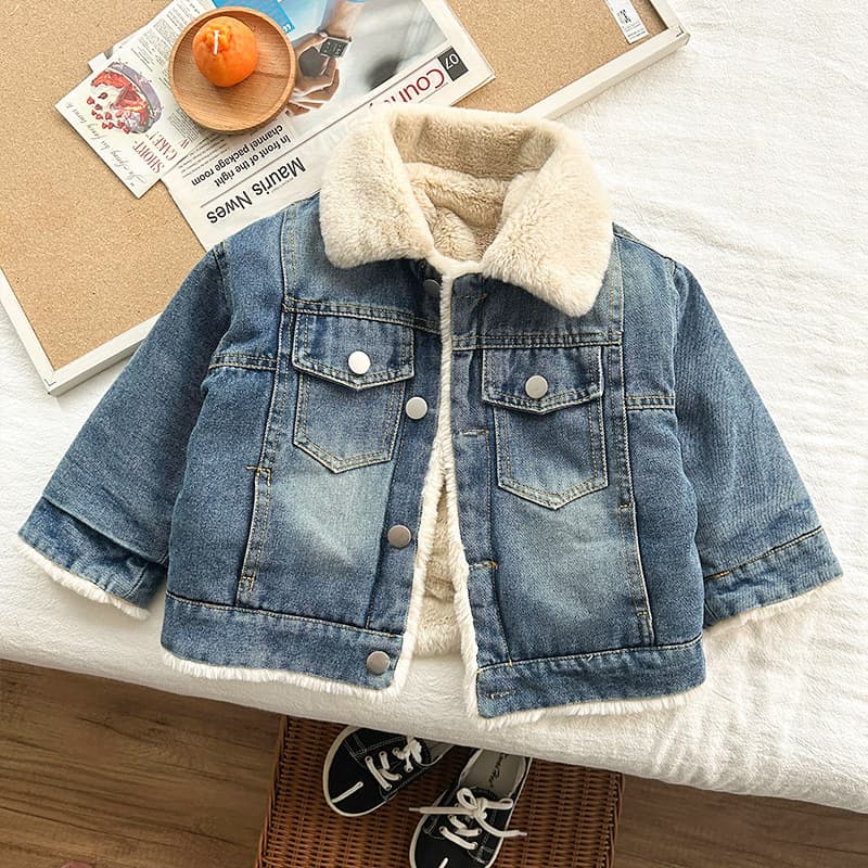 Children's Denim Jacket with Fleece Lining, New Autumn/Winter Baby Girl Thickened Rabbit Fur Collar Boy Jacket Coat
