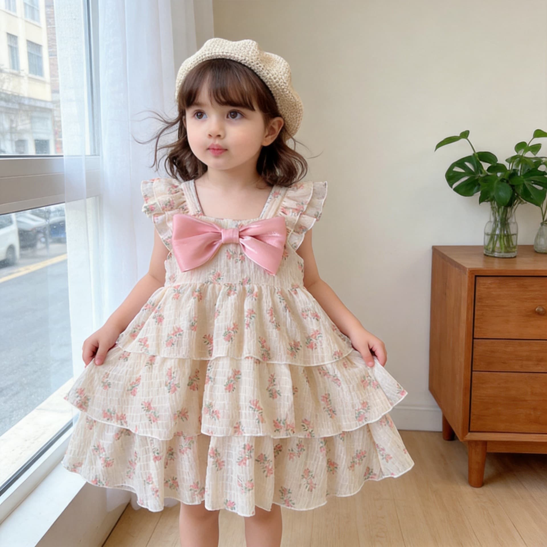 2026 Summer Girls Floral Princess Dress Suspender Bow Cute Skirt Baby Birthday Party Dress
