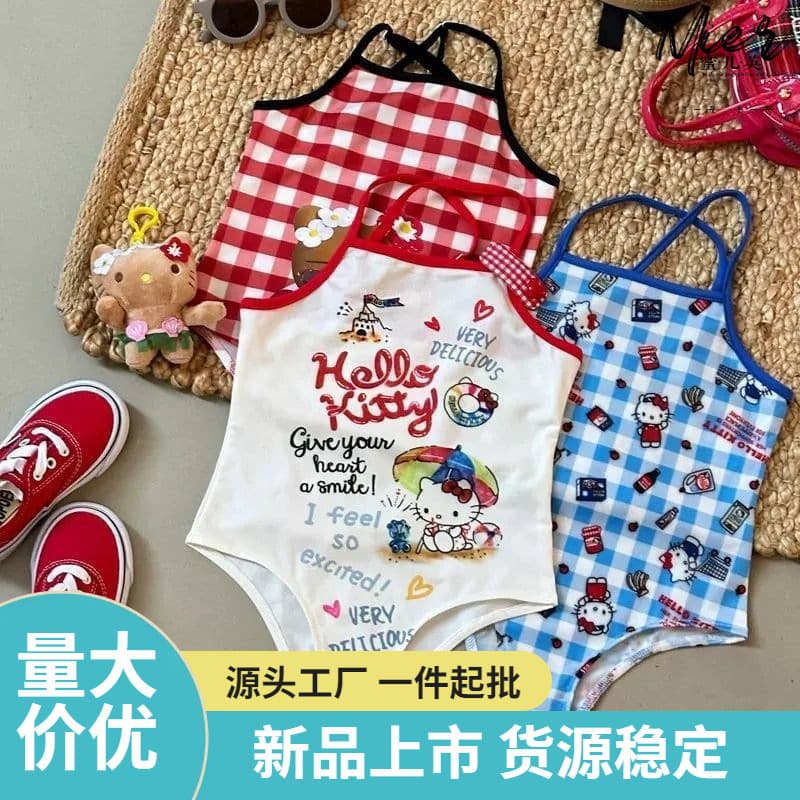 Girls Summer One-Piece Swimsuit Baby KT Cat Print Kids Thin Quick-Dry Swimwear Z052