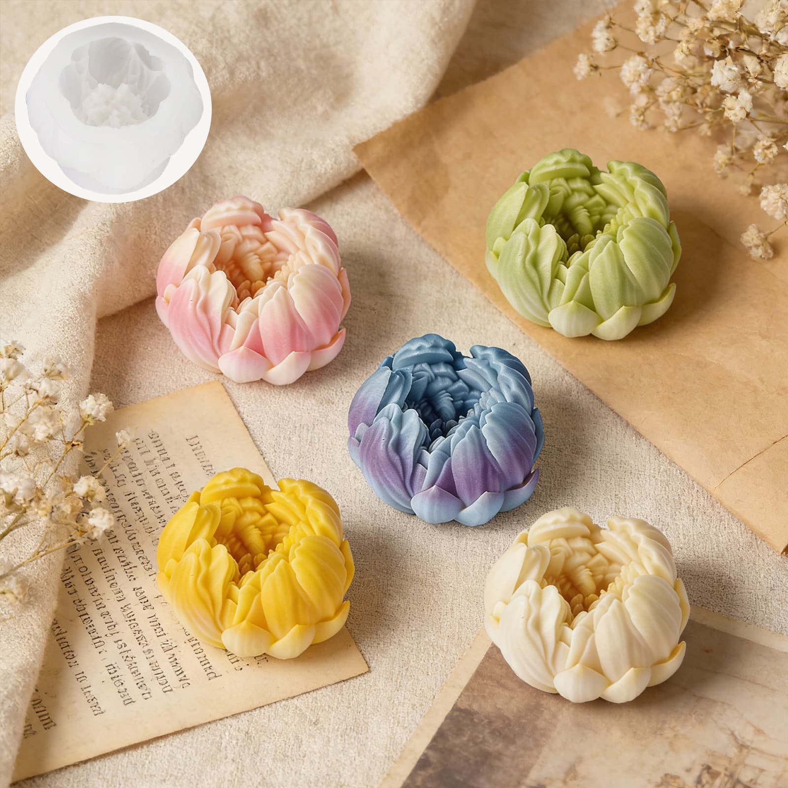 Wenxin Simulated Peony Bud Scented Candle Silicone Mold DIY Flower Aromatherapy Stone Candle Baking Mold