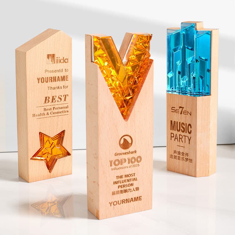 Solid wood crystal trophy wholesale creative wooden tray free engraving honor to commemorate outstanding employee competition championship award