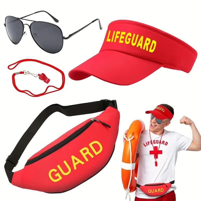 2026 Summer Swimming Surfing Beach Party Set Lifeguard Sun Hat Whistle Waist Bag Sunglasses Set