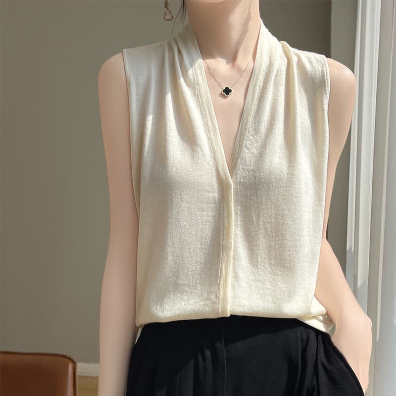 French Light Mature Style Thin V-Neck Wool Knit Vest Cardigan Women Summer Loose Slimming Worsted Wool Camisole