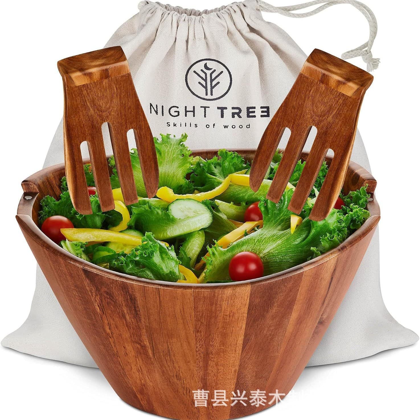 Home acacia wood salad bowl set with wooden salad fork and spoon home solid wood fruit and vegetable mixing bowl with storage bag