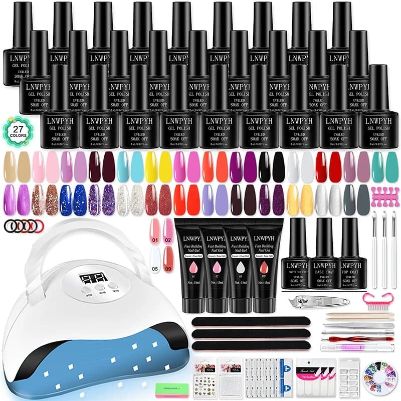 Nail Polish Set with LED Nail Lamp Semi-Permanent 27 Colors Soak-Off Base and Top Coat Nail Polish Manicure Kit